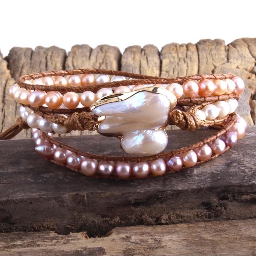 *LAST ONE* BRAND NEW Fresh Water Pearl Beaded Triple Layer Wrap Leather Bracelet - Picture 3 of 6